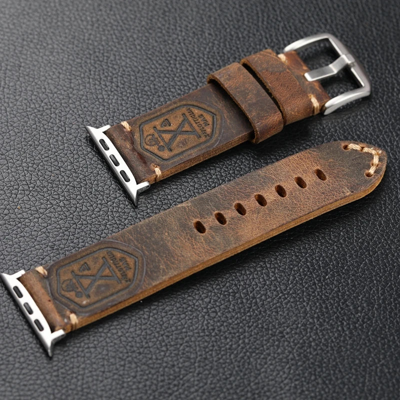 Handmade Thickened Brown Leather Strap For Apple Watch